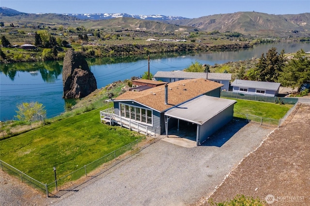 aerial view with a water and mountain view