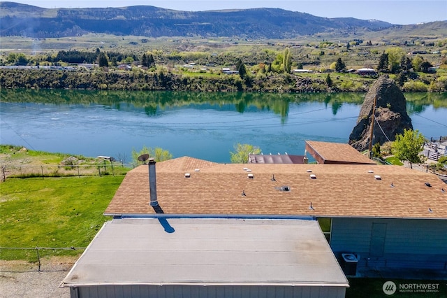 property view of water with a mountain view and fence