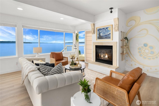 living room with a healthy amount of sunlight, baseboards, a glass covered fireplace, and light wood finished floors