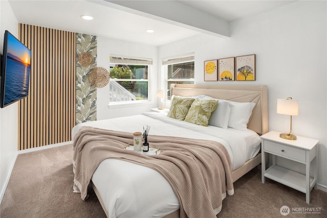 carpeted bedroom with baseboards, beamed ceiling, and recessed lighting