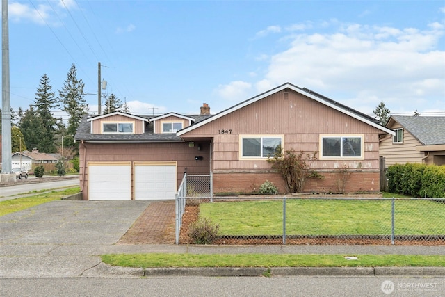 ranch-style house featuring a chimney, a front lawn, aphalt driveway, and a fenced front yard