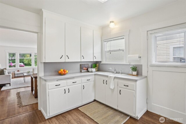 kitchen featuring light countertops, wood finished floors, and white cabinets