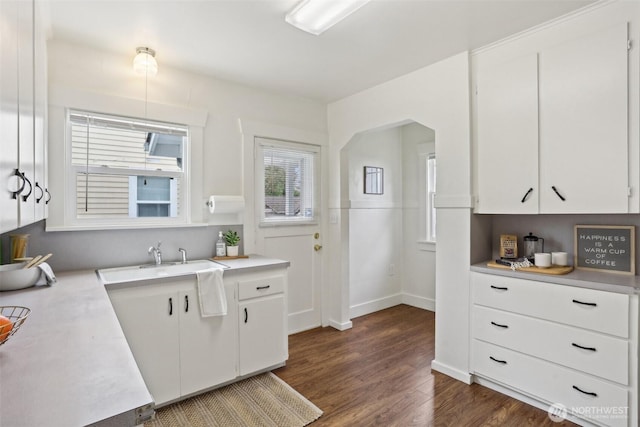 kitchen featuring light countertops, dark wood finished floors, and white cabinetry