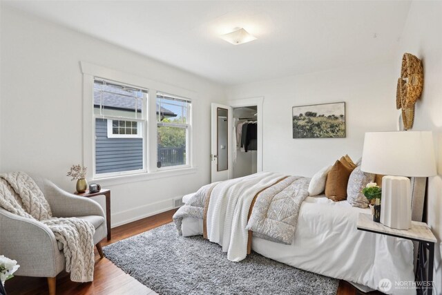 bedroom with wood finished floors, baseboards, a spacious closet, and a closet