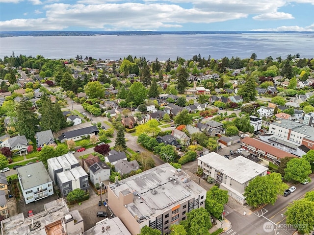 aerial view of residential area with a nearby body of water