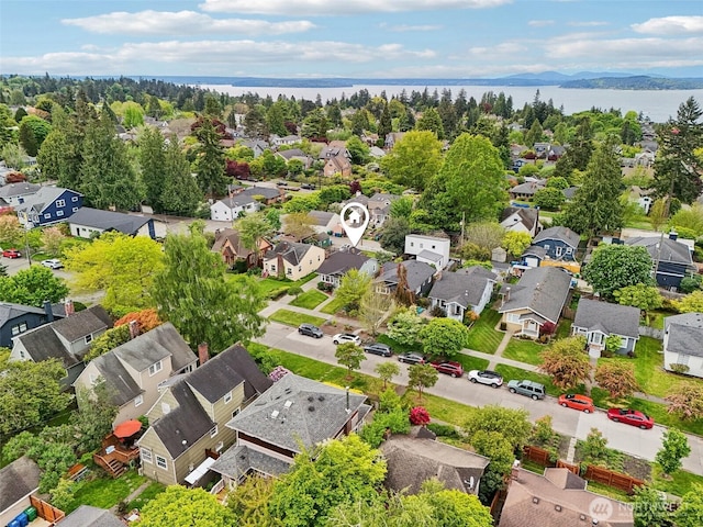 aerial perspective of suburban area with a large body of water