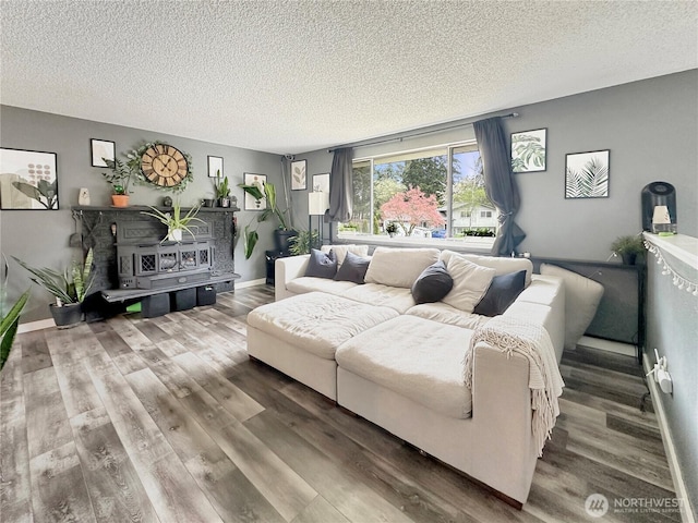 14914 20th Ave E, Parkland, WA 98445 - living room featuring a wood stove, a textured ceiling, and wood finished floors