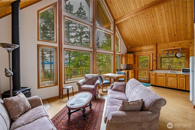 living room featuring a healthy amount of sunlight, high vaulted ceiling, beamed ceiling, and a wood stove