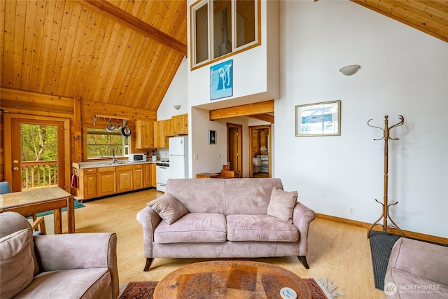 living room with high vaulted ceiling, light wood-style flooring, baseboards, beamed ceiling, and wood ceiling