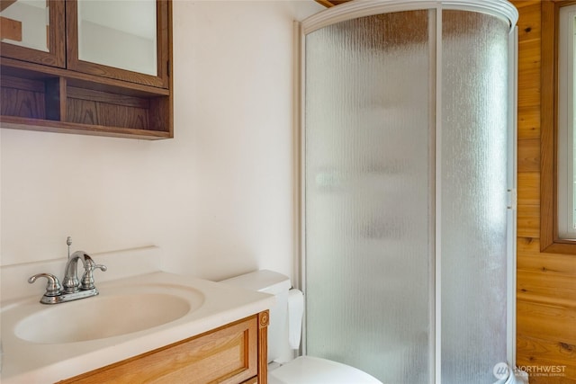 full bathroom with vanity, a shower stall, and toilet