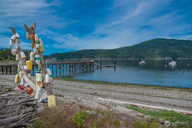 dock area featuring a water and mountain view