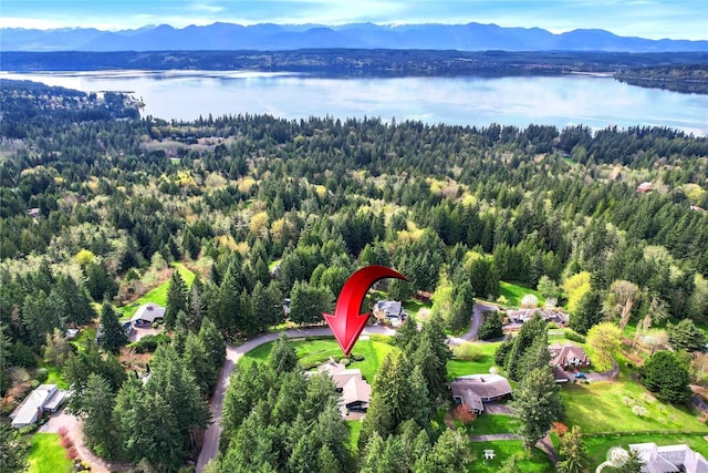 birds eye view of property featuring a water and mountain view and a forest view