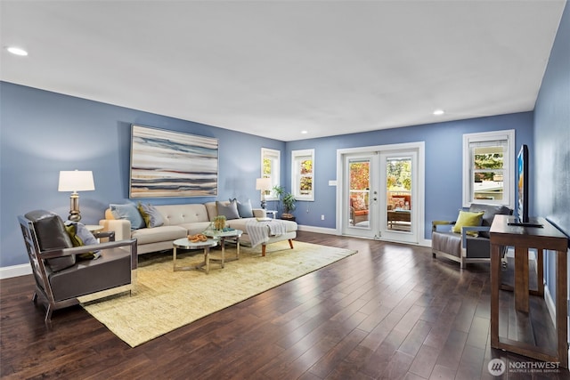 living area featuring baseboards, wood finished floors, and recessed lighting