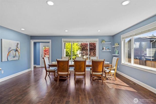 dining area with recessed lighting, hardwood / wood-style floors, visible vents, and baseboards