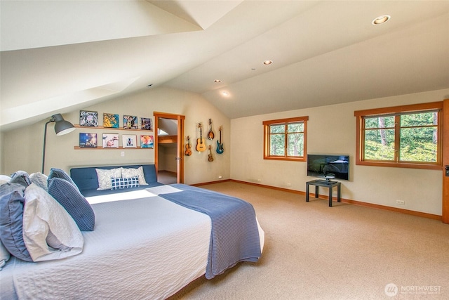72 Thunderbird Trl, Orcas Island, WA 98280 - carpeted bedroom with vaulted ceiling, baseboards, and recessed lighting