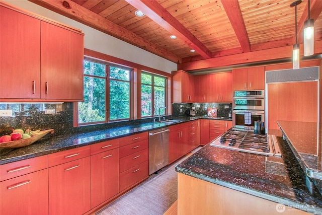 72 Thunderbird Trl, Orcas Island, WA 98280 - kitchen featuring appliances with stainless steel finishes, a sink, wooden ceiling with exposed beams, tasteful backsplash, and dark stone countertops