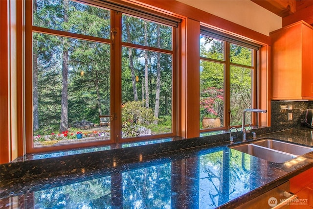 72 Thunderbird Trl, Orcas Island, WA 98280 - kitchen view of a sink, backsplash, and dark stone countertops