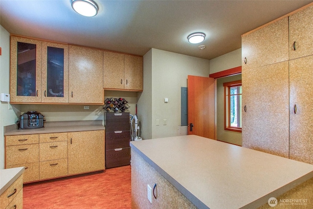 72 Thunderbird Trl, Orcas Island, WA 98280 - kitchen with light countertops, glass insert cabinets, and light carpet