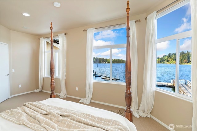 bedroom featuring carpet floors, baseboards, a water view, and multiple windows