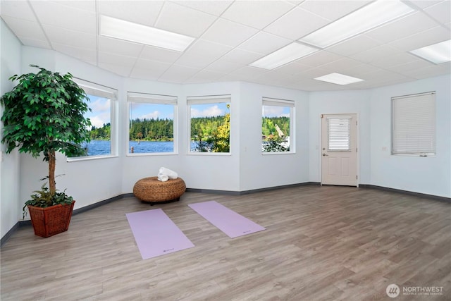 exercise area featuring baseboards, a paneled ceiling, and wood finished floors