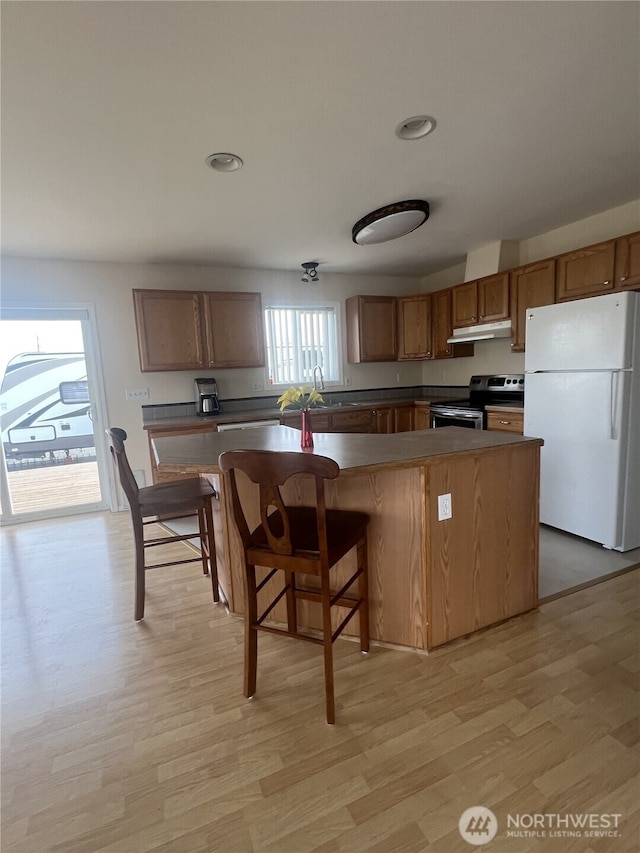kitchen featuring light wood-style floors, dark countertops, freestanding refrigerator, stainless steel electric stove, and under cabinet range hood