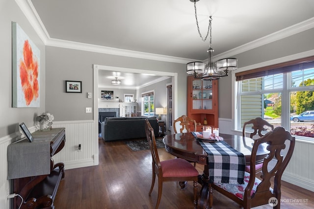 dining room featuring ornamental molding, wainscoting, dark wood-type flooring, and a chandelier