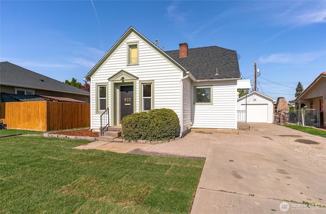 bungalow-style house with a chimney, fence, a garage, a front yard, and concrete driveway