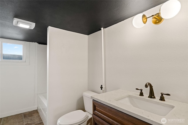 full bathroom featuring a washtub, a shower, baseboards, toilet, and vanity