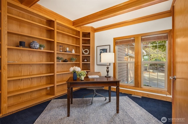 home office featuring carpet floors, built in features, and beamed ceiling