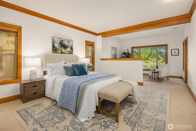 bedroom featuring baseboards, light colored carpet, crown molding, and beamed ceiling