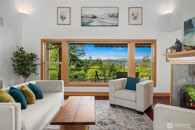 living room with a fireplace, wood finished floors, baseboards, and a towering ceiling