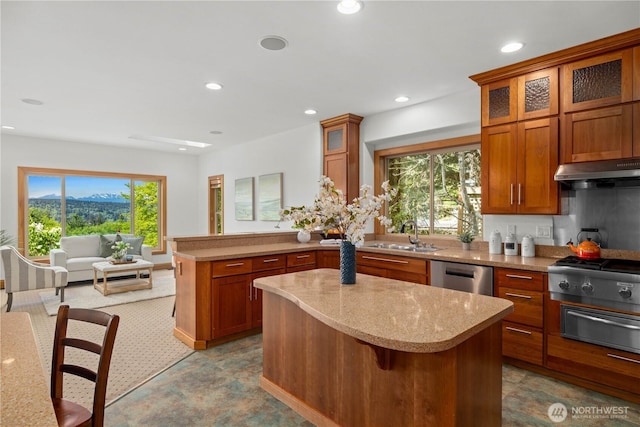 kitchen featuring under cabinet range hood, stainless steel dishwasher, a sink, a warming drawer, and brown cabinetry