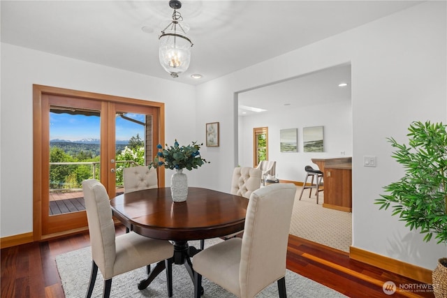 dining room featuring baseboards, dark wood-style floors, healthy amount of natural light, and recessed lighting