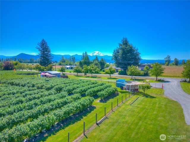 view of property's community featuring a yard, a rural view, fence, and a mountain view
