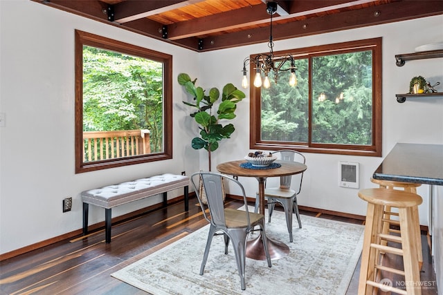 13600 Hillcrest St NW, Poulsbo, WA 98370 - dining area with wood finished floors, a chandelier, heating unit, and a wood ceiling with exposed beams