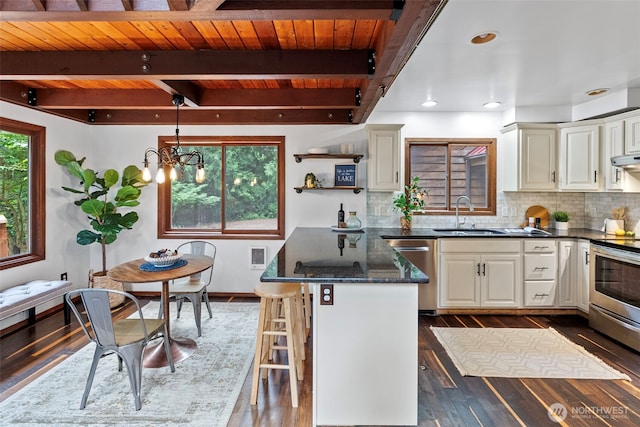 13600 Hillcrest St NW, Poulsbo, WA 98370 - kitchen with stainless steel appliances, a wood ceiling with exposed beams, dark wood finished floors, a peninsula, and dark stone counters
