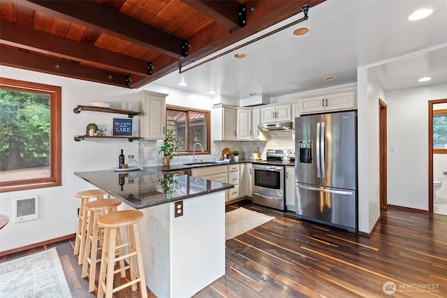 13600 Hillcrest St NW, Poulsbo, WA 98370 - kitchen with stainless steel appliances, under cabinet range hood, a peninsula, backsplash, and dark wood finished floors