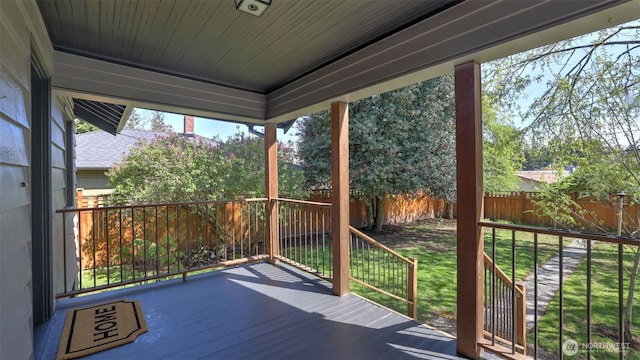wooden deck featuring a yard and a fenced backyard
