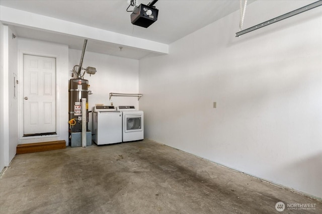 garage with separate washer and dryer, water heater, and a garage door opener