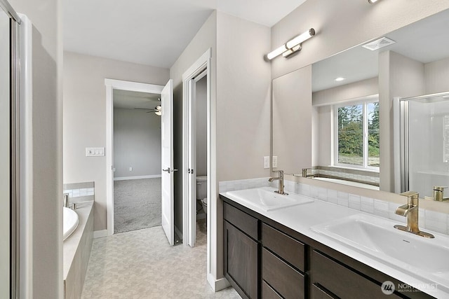 full bath featuring visible vents, toilet, a bath, and a sink