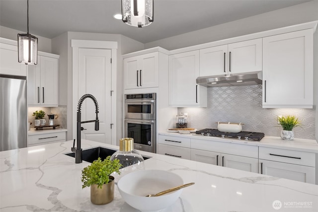 20018 7th Ave SE, Bothell, WA 98012 - kitchen featuring tasteful backsplash, a sink, white cabinets, under cabinet range hood, and stainless steel appliances