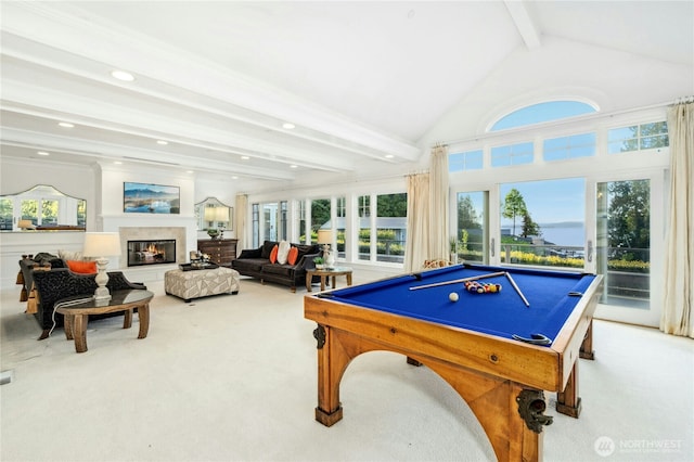 game room with a glass covered fireplace, pool table, recessed lighting, and carpet floors