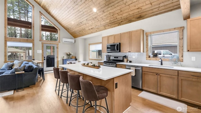 kitchen featuring appliances with stainless steel finishes, wooden ceiling, a sink, and a healthy amount of sunlight