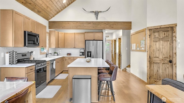 kitchen with a sink, light wood-style floors, stainless steel appliances, a kitchen bar, and a kitchen island