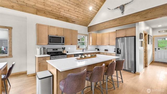 kitchen with lofted ceiling, light wood-type flooring, light countertops, a sink, and stainless steel appliances