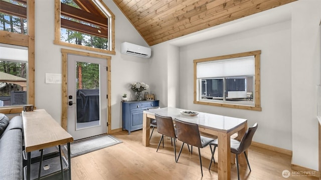 dining room featuring wood ceiling, a wall unit AC, baseboards, lofted ceiling, and light wood-style floors