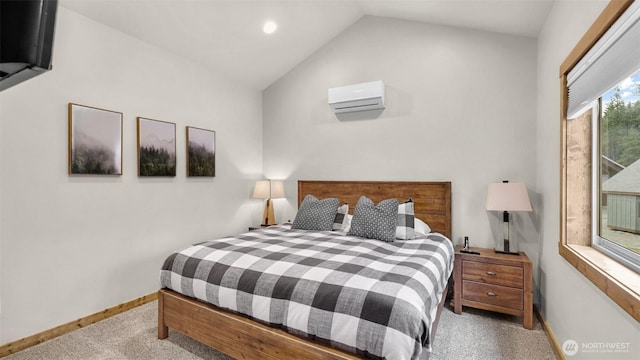 carpeted bedroom with baseboards, a wall mounted AC, recessed lighting, and lofted ceiling