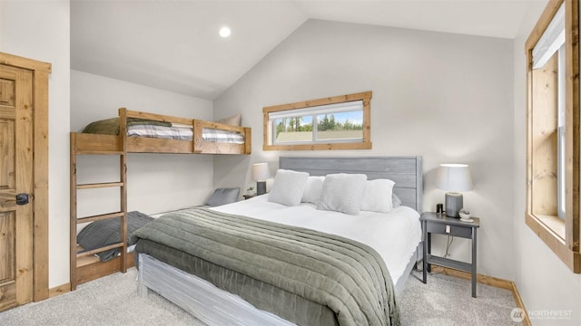 bedroom featuring baseboards, carpet, recessed lighting, and lofted ceiling