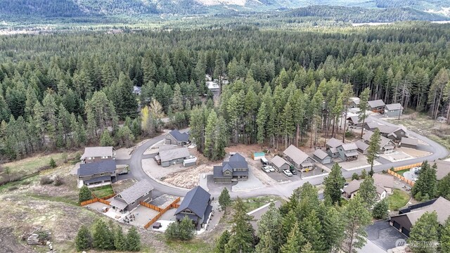 drone / aerial view featuring a wooded view and a mountain view
