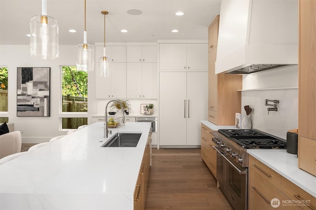 kitchen featuring high end stainless steel range, custom range hood, a sink, wood finished floors, and light countertops